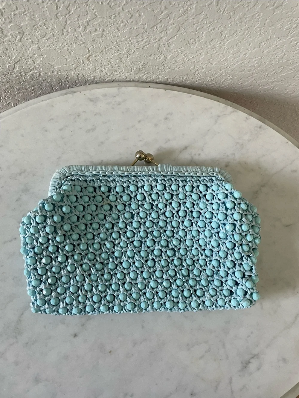 Vintage Made in Italy Seafoam Blue Ribbon Rosette Kiss Lock Clutch Evening Bag